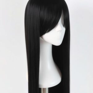 Perruque Longue Lisse Noire Premium – Coupe Droite avec Frange Latérale